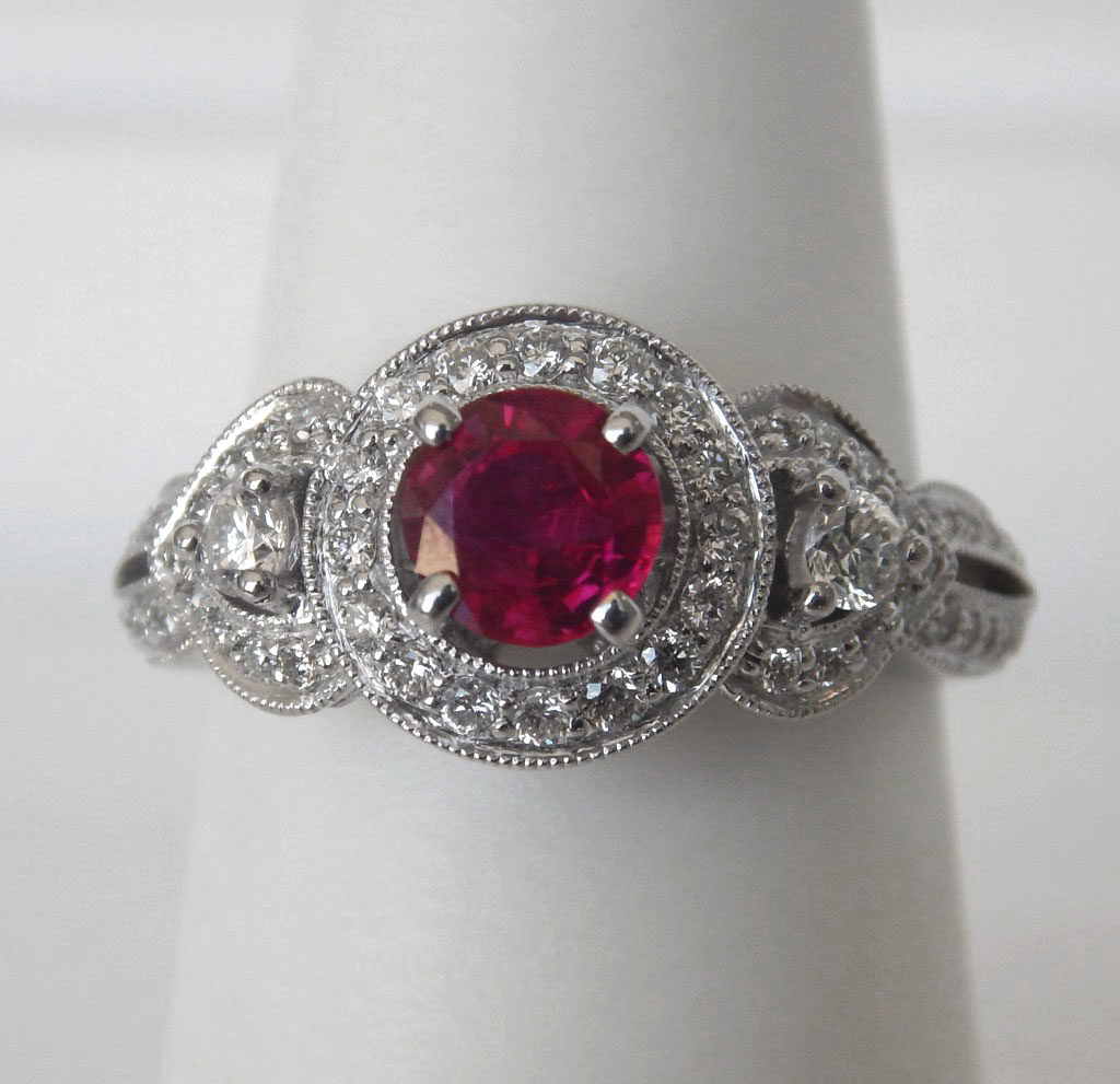 white gold antique style ruby and diamond ring