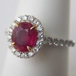 ruby and diamond halo ring in white gold