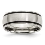 stainless steel wedding band with two black rubber lines on the edges