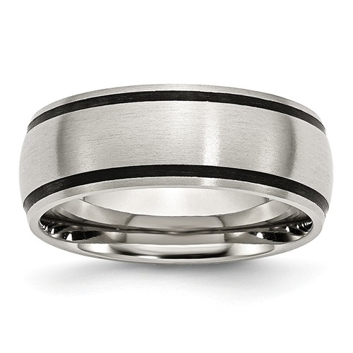 stainless steel wedding band with two black rubber lines on the edges
