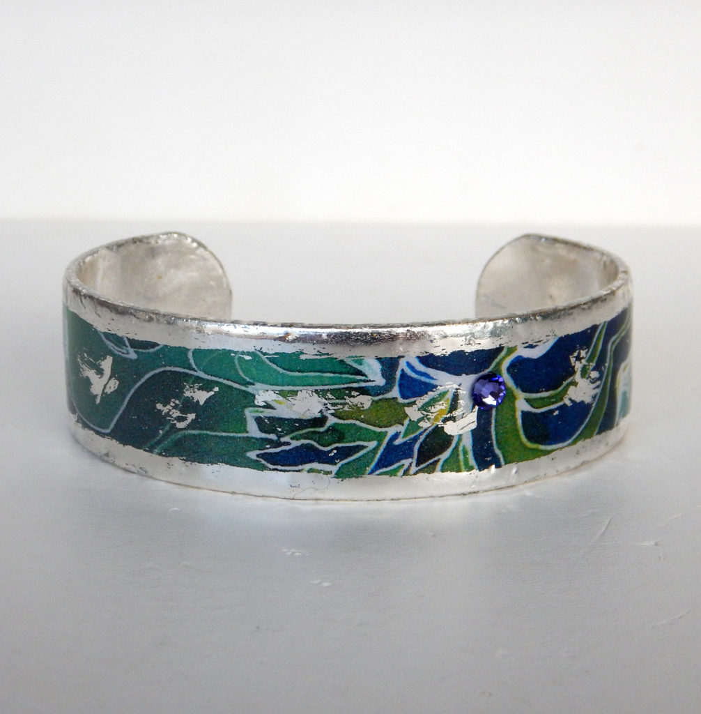 sterling silver cuff bracelet with blue and green design