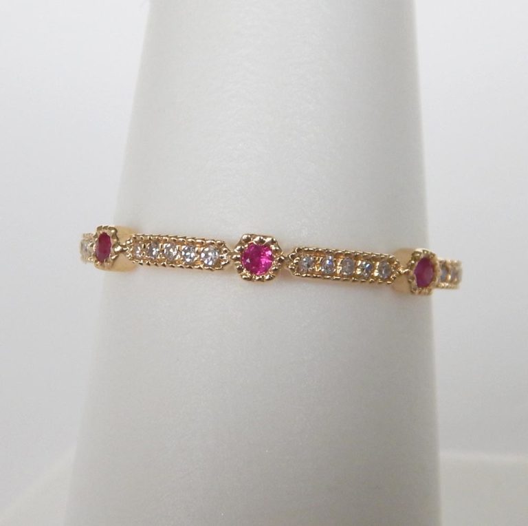 yellow gold ruby and diamond stacking ring