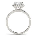 side view of white gold cushion cut diamond halo engagement ring