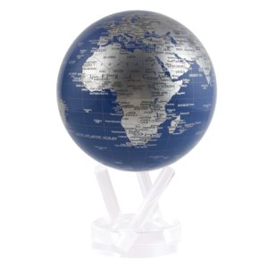 blue and silver MOVA rotating globe