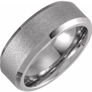 White PVD Tungsten 8 mm Beveled-Edge Mens Wedding Band with Ice Finish