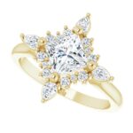 yellow gold diamond halo engagement ring with square shape center diamond