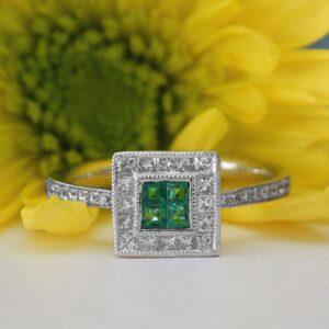 white gold art deco emerald and diamond ring