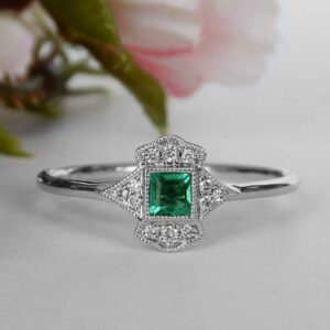 white gold art deco emerald ring