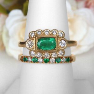 yellow gold emerald and diamond ring and band