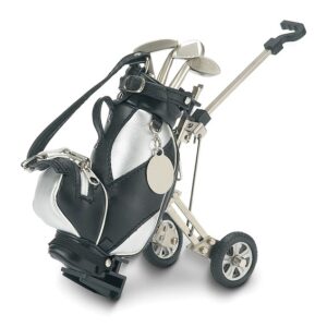 Black and Silver Fabric Golf Cart Pen Holder with 3 Golf Club Pens and Engraving Tag
