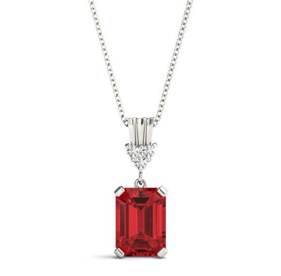 white gold emerald cut ruby and diamond pendant