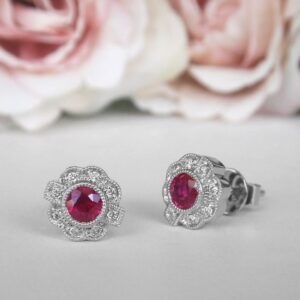 white gold ruby and diamond antique style earrings