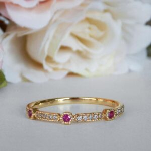 yellow gold ruby and diamond milgrain stacking ring
