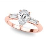 rose gold pear shape three stone diamond engagement ring with baguette side diamonds
