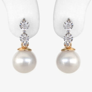 two tone gold pearl and diamond drop earrings