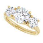 yellow gold three stone diamond engagement ring with round side diamonds