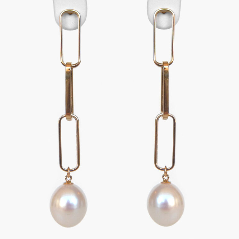 yellow gold pearl paperclip dangle earrings