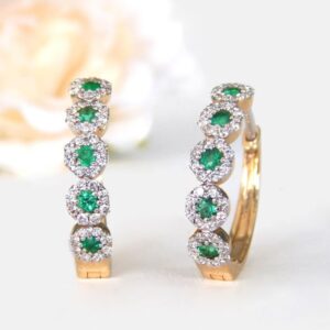 yellow gold emerald and diamond hoop earrings