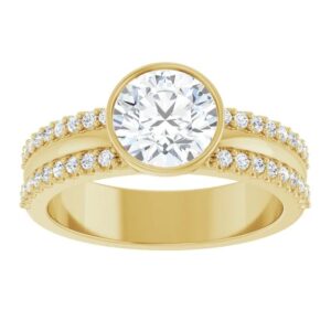 yellow gold bezel set diamond ring with wide band