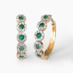 yellow gold emerald and diamond halo huggie hoop earrings