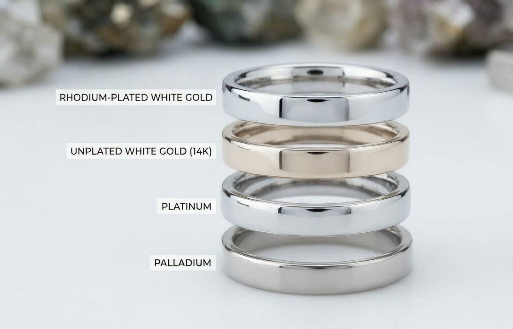 metal color differences between white gold, platinum, and palladium