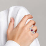 ruby and diamond white gold antique style ring on finger