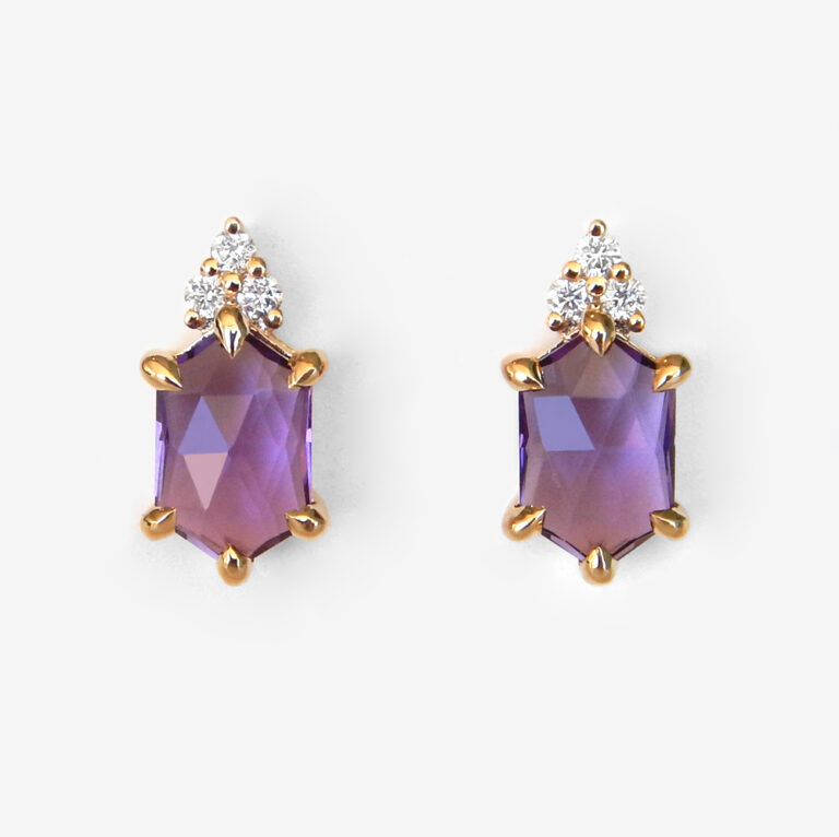 Click to view larger size yellow gold hexagon amethyst and diamond earrings
