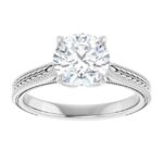 white gold vintage inspired engagement ring with milgrain edges